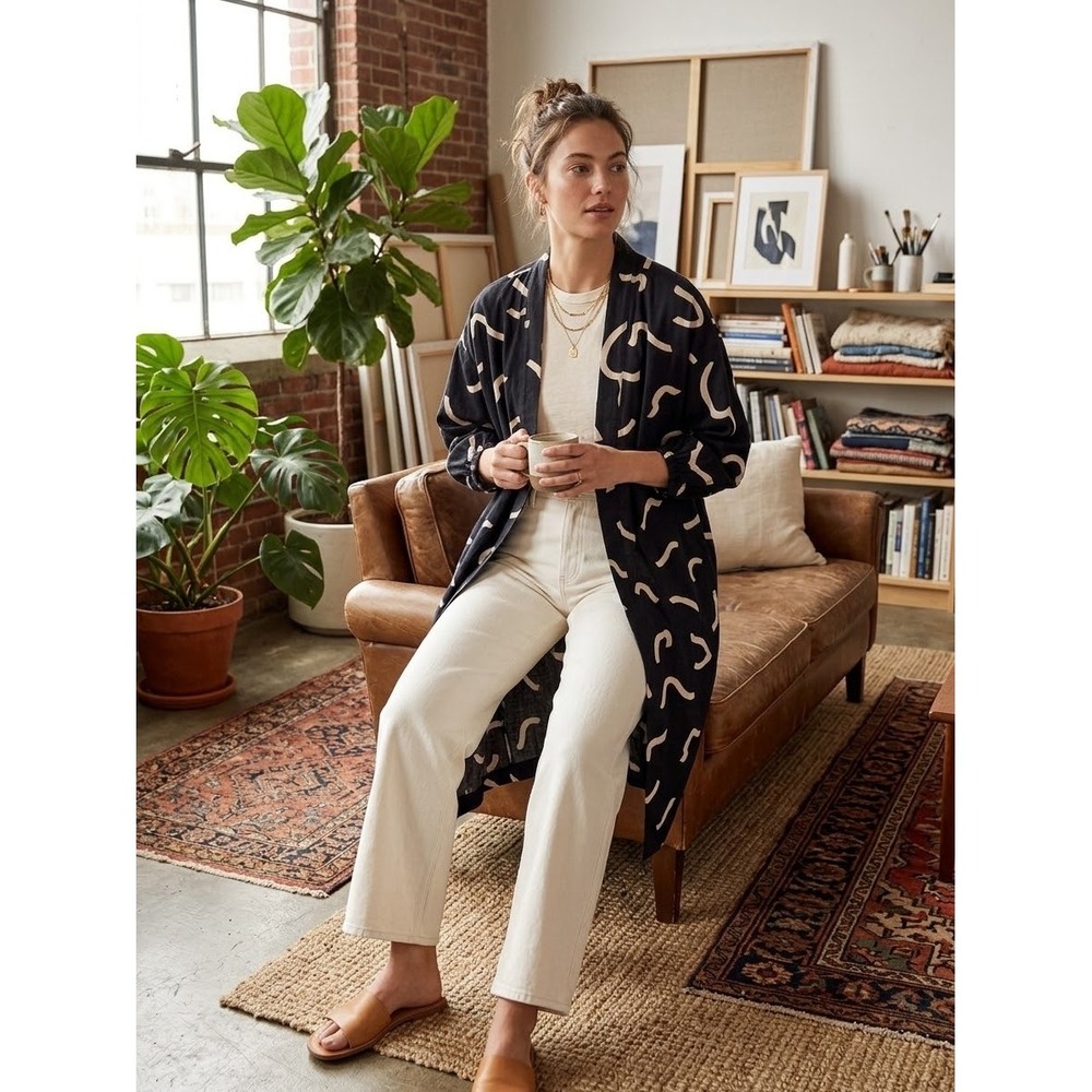 Madewell Abstract Squiggle Print Cotton Robe Duster Black White XS NA014